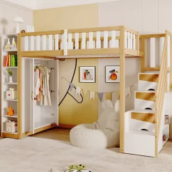 Lit Mezzanine 90x200 cm - Lit Simple avec Escalier Sécurisé, Armoire et Étagères de Rangement, Pin et MDF, Blanc et Bois Naturel