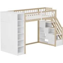 Lit Mezzanine 90x200 cm - Lit Simple avec Escalier Sécurisé, Armoire et Étagères de Rangement, Pin et MDF, Blanc et Bois Naturel