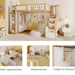 Lit Mezzanine 90x200 cm - Lit Simple avec Escalier Sécurisé, Armoire et Étagères de Rangement, Pin et MDF, Blanc et Bois Naturel