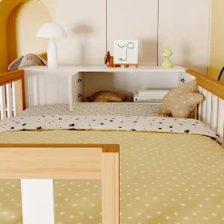 Lit Mezzanine 90x200 cm - Lit Simple avec Escalier Sécurisé, Armoire et Étagères de Rangement, Pin et MDF, Blanc et Bois Naturel