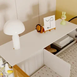 Lit Mezzanine 90x200 cm - Lit Simple avec Escalier Sécurisé, Armoire et Étagères de Rangement, Pin et MDF, Blanc et Bois Naturel