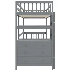 Lit Mezzanine 90x200 cm - Lit Simple avec Échelle Verticale, Tiroirs et Étagères de Rangement, Sans Matelas - Gris