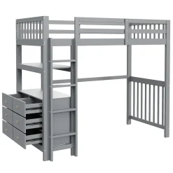 Lit Mezzanine 90x200 cm - Lit Simple avec Échelle Verticale, Tiroirs et Étagères de Rangement, Sans Matelas - Gris