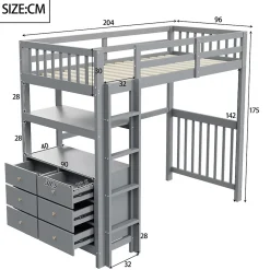 Lit Mezzanine 90x200 cm - Lit Simple avec Échelle Verticale, Tiroirs et Étagères de Rangement, Sans Matelas - Gris