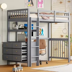 Lit Mezzanine 90x200 cm - Lit Simple avec Échelle Verticale, Tiroirs et Étagères de Rangement, Sans Matelas - Gris