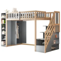 Lit Mezzanine 90x200 cm - Lit Simple avec Escalier Sécurisé, Armoire et Étagères de Rangement, Pin et MDF, Gris et Bois Naturel