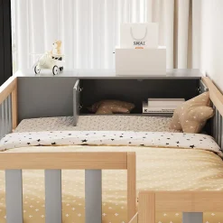 Lit Mezzanine 90x200 cm - Lit Simple avec Escalier Sécurisé, Armoire et Étagères de Rangement, Pin et MDF, Gris et Bois Naturel