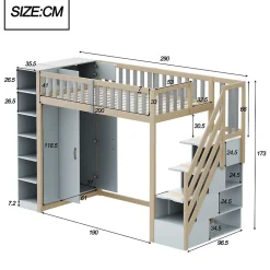 Lit Mezzanine 90x200 cm - Lit Simple avec Escalier Sécurisé, Armoire et Étagères de Rangement, Pin et MDF, Gris et Bois Naturel