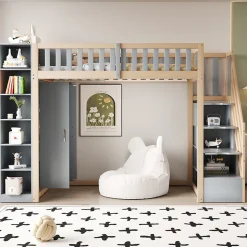 Lit Mezzanine 90x200 cm - Lit Simple avec Escalier Sécurisé, Armoire et Étagères de Rangement, Pin et MDF, Gris et Bois Naturel