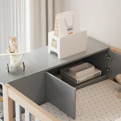 Lit Mezzanine 90x200 cm - Lit Simple avec Escalier Sécurisé, Armoire et Étagères de Rangement, Pin et MDF, Gris et Bois Naturel