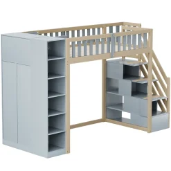 Lit Mezzanine 90x200 cm - Lit Simple avec Escalier Sécurisé, Armoire et Étagères de Rangement, Pin et MDF, Gris et Bois Naturel