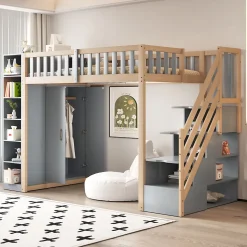 Lit Mezzanine 90x200 cm - Lit Simple avec Escalier Sécurisé, Armoire et Étagères de Rangement, Pin et MDF, Gris et Bois Naturel