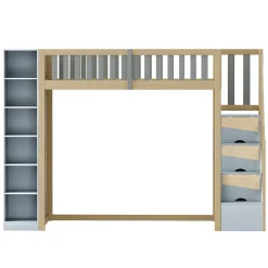 Lit Mezzanine 90x200 cm - Lit Simple avec Escalier Sécurisé, Armoire et Étagères de Rangement, Pin et MDF, Gris et Bois Naturel