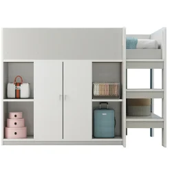 Lit mezzanine 90x200 cm - Lit simple avec échelle intégrée, placard pratique et rangements - Pin et MDF - Gris