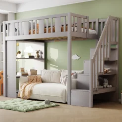 Lit mezzanine 90x200 cm - Lit simple avec échelle pratique, tiroirs de rangement intégrés et structure robuste - Pin et MDF - Gris