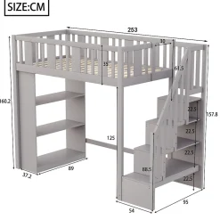 Lit mezzanine 90x200 cm - Lit simple avec échelle pratique, tiroirs de rangement intégrés et structure robuste - Pin et MDF - Gris