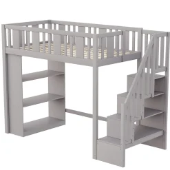 Lit mezzanine 90x200 cm - Lit simple avec échelle pratique, tiroirs de rangement intégrés et structure robuste - Pin et MDF - Gris