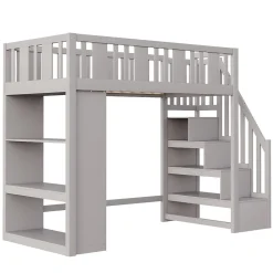 Lit mezzanine 90x200 cm - Lit simple avec échelle pratique, tiroirs de rangement intégrés et structure robuste - Pin et MDF - Gris