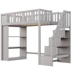 Lit mezzanine 90x200 cm - Lit simple avec échelle pratique, tiroirs de rangement intégrés et structure robuste - Pin et MDF - Gris
