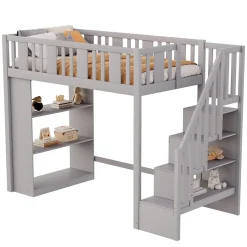 Lit mezzanine 90x200 cm - Lit simple avec échelle pratique, tiroirs de rangement intégrés et structure robuste - Pin et MDF - Gris