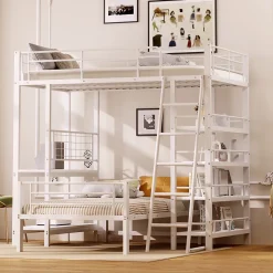 Lit mezzanine 90x200 cm - Lit simple avec rangement multifonction, structure métal et MDF avec étagères - Sans matelas - Blanc