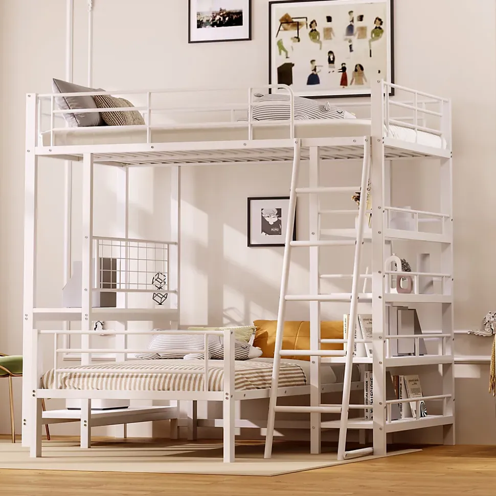 Lit mezzanine 90x200 cm - Lit simple avec rangement multifonction, structure métal et MDF avec étagères - Sans matelas - Blanc