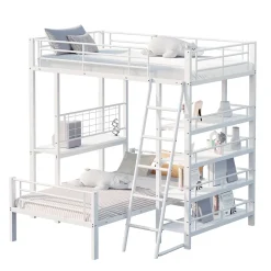 Lit mezzanine 90x200 cm - Lit simple avec rangement multifonction, structure métal et MDF avec étagères - Sans matelas - Blanc