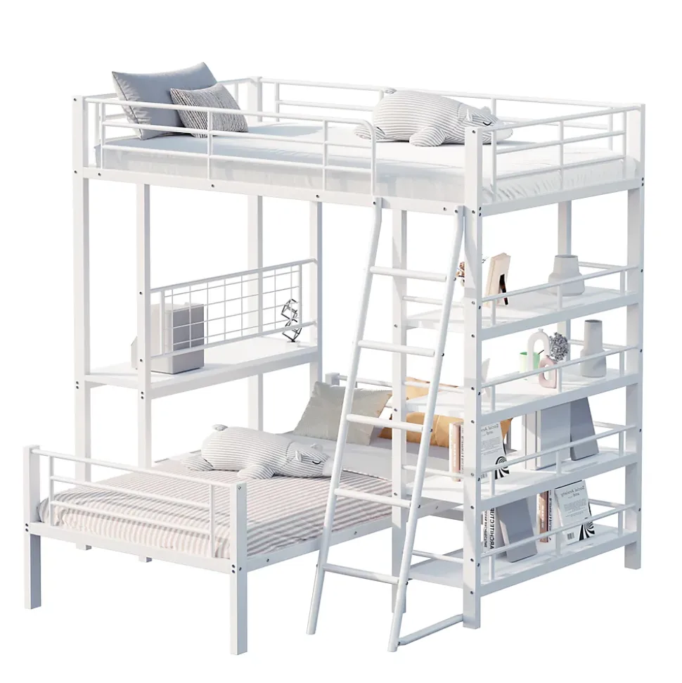 Lit mezzanine 90x200 cm - Lit simple avec rangement multifonction, structure métal et MDF avec étagères - Sans matelas - Blanc