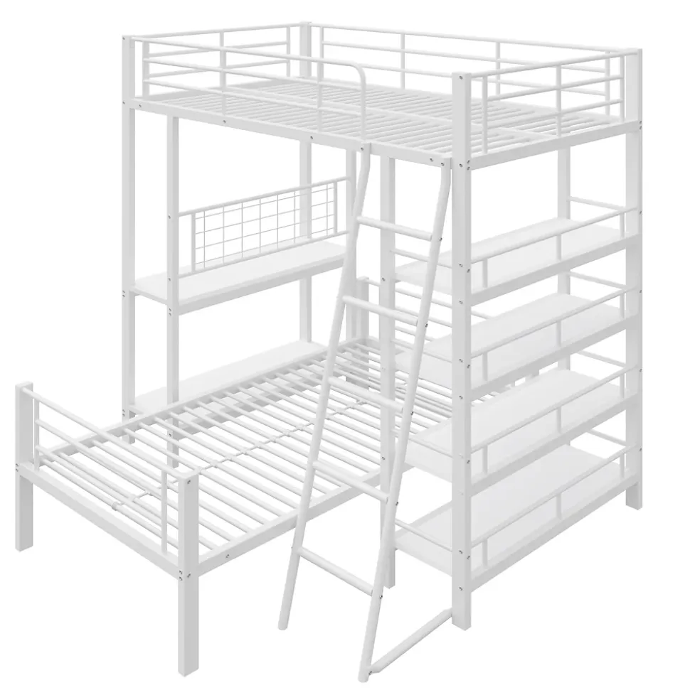 Lit mezzanine 90x200 cm - Lit simple avec rangement multifonction, structure métal et MDF avec étagères - Sans matelas - Blanc