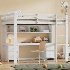 Lit mezzanine 90x200 cm - Lit Simple avec Escalier à Rampe Haute et bureau, tiroirs - Pin + MDF - Sans Matelas - Blanc