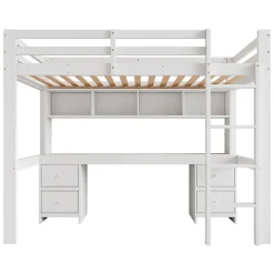 Lit mezzanine 90x200 cm - Lit Simple avec Escalier à Rampe Haute et bureau, tiroirs - Pin + MDF - Sans Matelas - Blanc