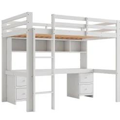 Lit mezzanine 90x200 cm - Lit Simple avec Escalier à Rampe Haute et bureau, tiroirs - Pin + MDF - Sans Matelas - Blanc