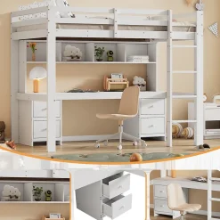 Lit mezzanine 90x200 cm - Lit Simple avec Escalier à Rampe Haute et bureau, tiroirs - Pin + MDF - Sans Matelas - Blanc