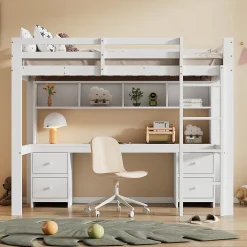 Lit mezzanine 90x200 cm - Lit Simple avec Escalier à Rampe Haute et bureau, tiroirs - Pin + MDF - Sans Matelas - Blanc