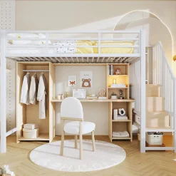 Lit mezzanine 90x200 cm - Structure en fer - Avec espace de rangement - Avec armoire + bureau - Blanc (matelas non inclus)