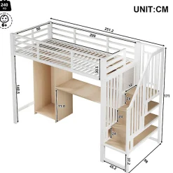 Lit mezzanine 90x200 cm - Structure en fer - Avec espace de rangement - Avec armoire + bureau - Blanc (matelas non inclus)