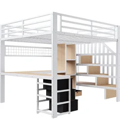 Lit mezzanine 90x200 cm - Structure en fer - Avec espace de rangement - Avec armoire + bureau - Blanc (matelas non inclus)