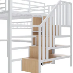 Lit mezzanine 90x200 cm - Structure en fer - Avec espace de rangement - Avec armoire + bureau - Blanc (matelas non inclus)