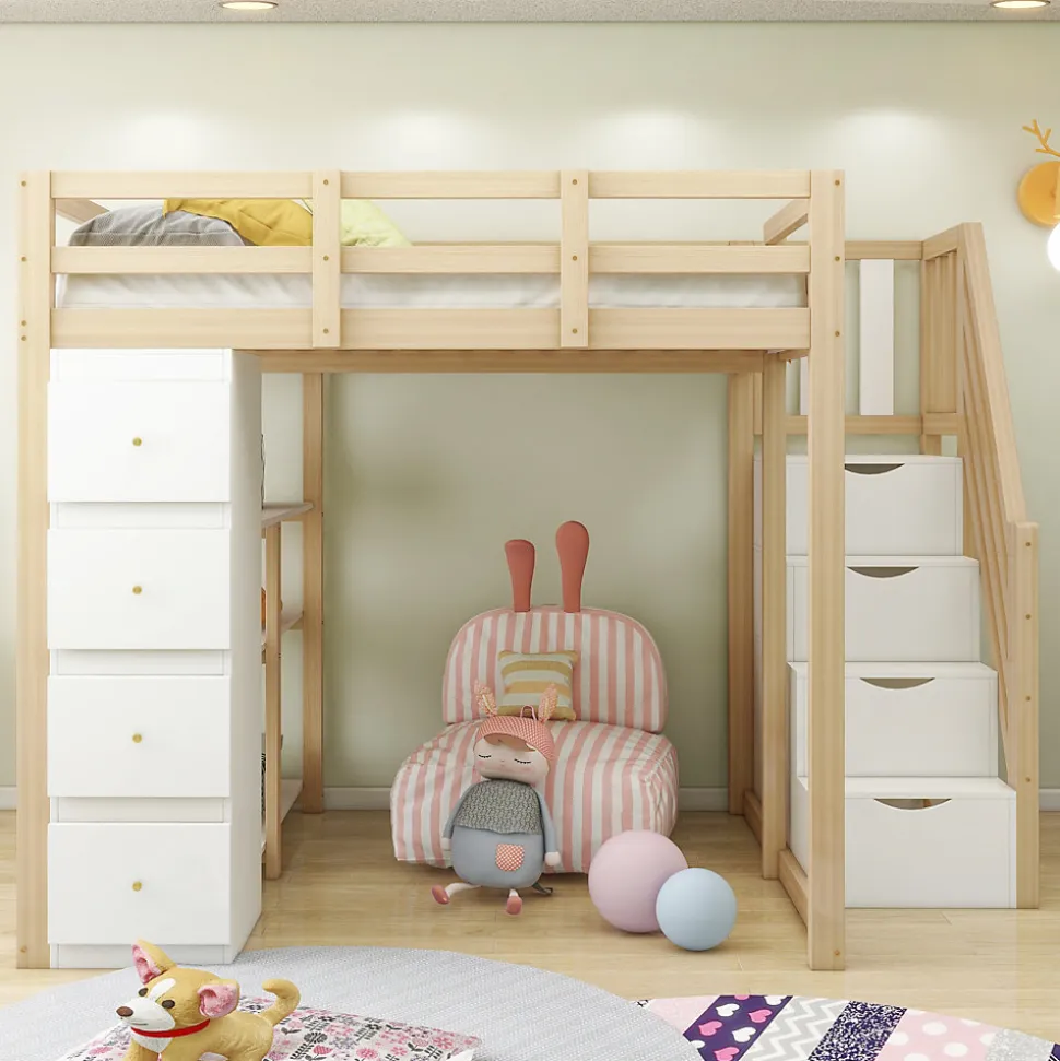 Lit Mezzanine 140x200 cm Ado avec Commode, Étagères et Tiroirs - Échelle Sécurisée Antidérapante - Sans Matelas - Bois Naturel