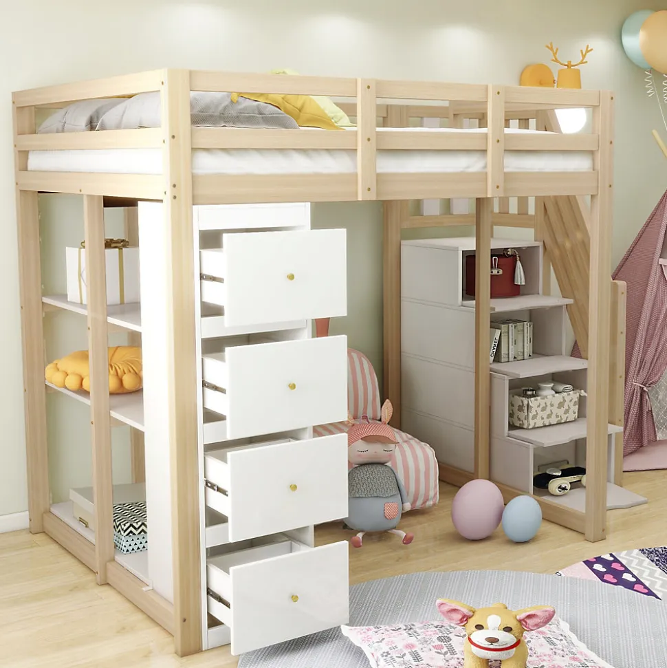 Lit Mezzanine 140x200 cm Ado avec Commode, Étagères et Tiroirs - Échelle Sécurisée Antidérapante - Sans Matelas - Bois Naturel