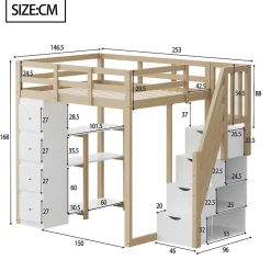 Lit Mezzanine 140x200 cm Ado avec Commode, Étagères et Tiroirs - Échelle Sécurisée Antidérapante - Sans Matelas - Bois Naturel