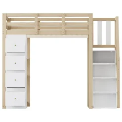 Lit Mezzanine 140x200 cm Ado avec Commode, Étagères et Tiroirs - Échelle Sécurisée Antidérapante - Sans Matelas - Bois Naturel