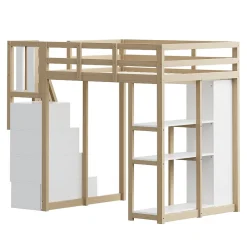Lit Mezzanine 140x200 cm Ado avec Commode, Étagères et Tiroirs - Échelle Sécurisée Antidérapante - Sans Matelas - Bois Naturel