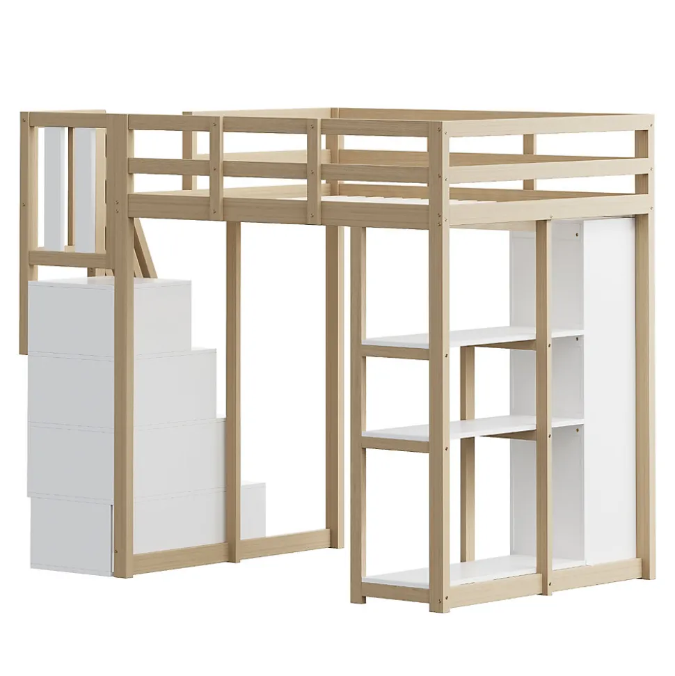 Lit Mezzanine 140x200 cm Ado avec Commode, Étagères et Tiroirs - Échelle Sécurisée Antidérapante - Sans Matelas - Bois Naturel