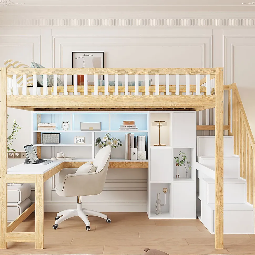 Lit mezzanine 140x200 cm ado double avec bureau intégré, étagères et LED, rangement pratique, pin+MDF blanc+bois naturel