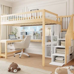 Lit mezzanine 140x200 cm ado double avec bureau intégré, étagères et LED, rangement pratique, pin+MDF blanc+bois naturel