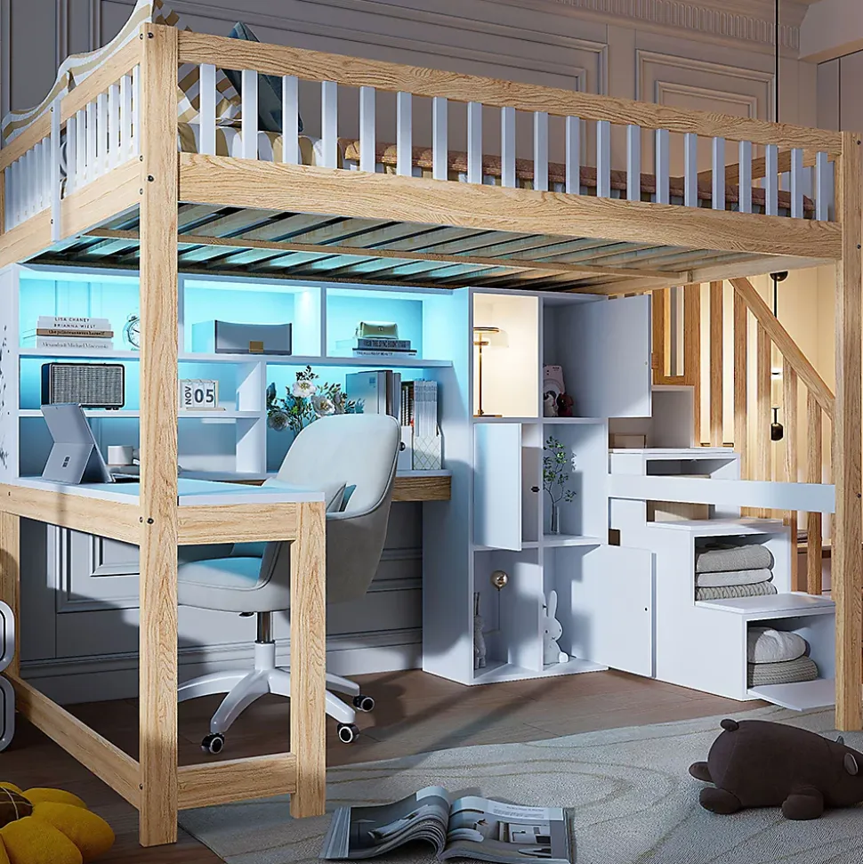 Lit mezzanine 140x200 cm ado double avec bureau intégré, étagères et LED, rangement pratique, pin+MDF blanc+bois naturel