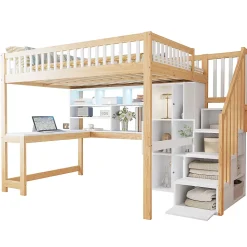 Lit mezzanine 140x200 cm ado double avec bureau intégré, étagères et LED, rangement pratique, pin+MDF blanc+bois naturel