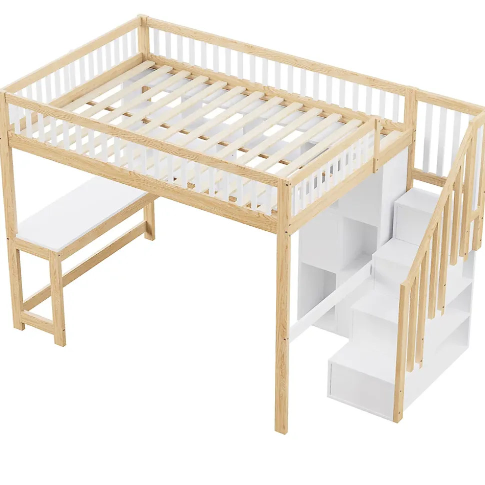 Lit mezzanine 140x200 cm ado double avec bureau intégré, étagères et LED, rangement pratique, pin+MDF blanc+bois naturel