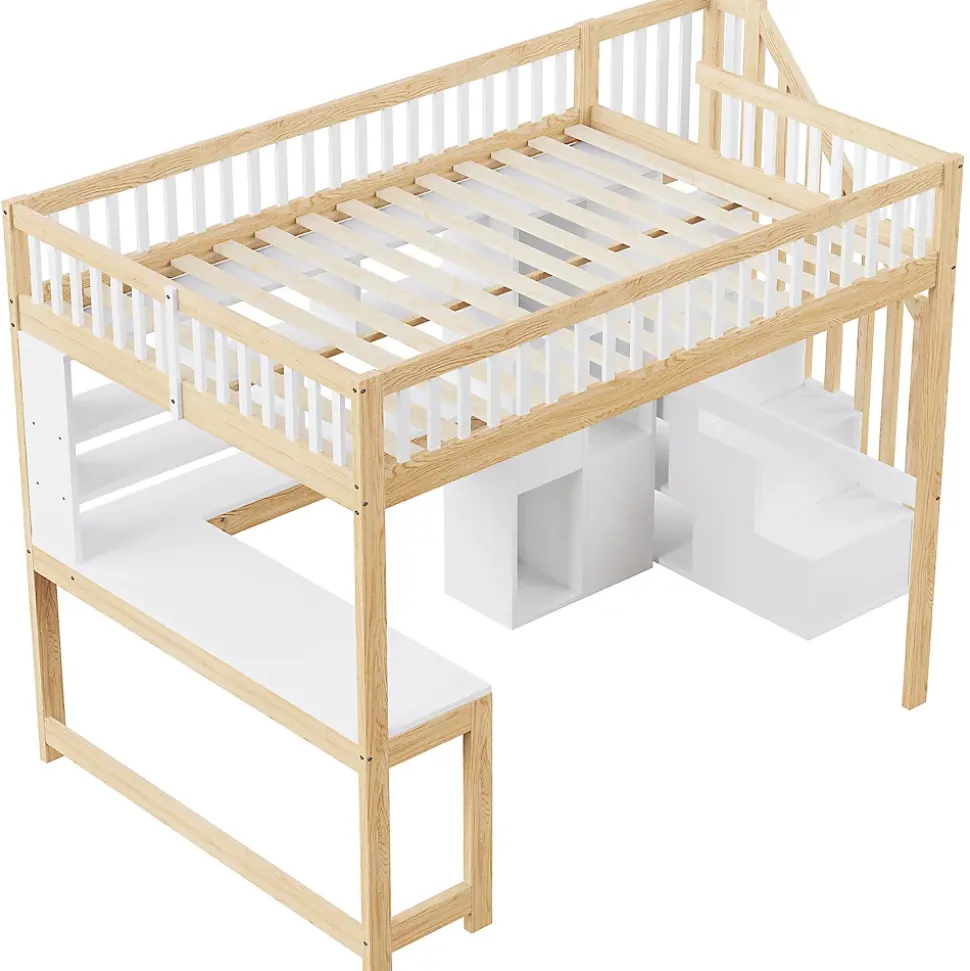 Lit mezzanine 140x200 cm ado double avec bureau intégré, étagères et LED, rangement pratique, pin+MDF blanc+bois naturel